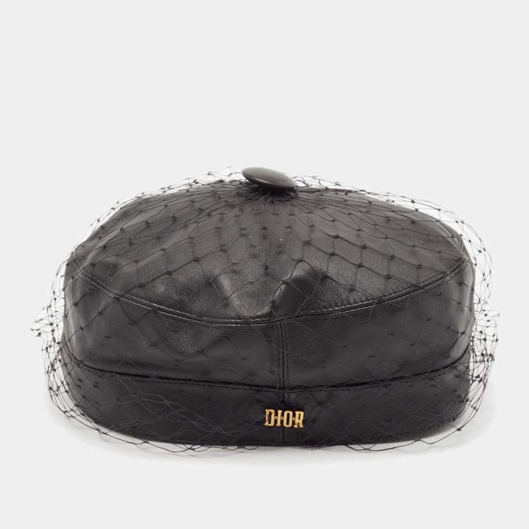 Pre Owned Christian Dior Black Leather Arty Beret Cap With Veil 