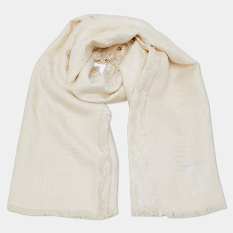Pre Owned Dior Ivory Silk & Wool D-Check Pattern Scarf