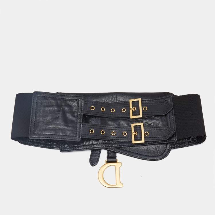 Pre Owned Dior Black Glossy Leather and Stretch Band Saddle Belt S/M