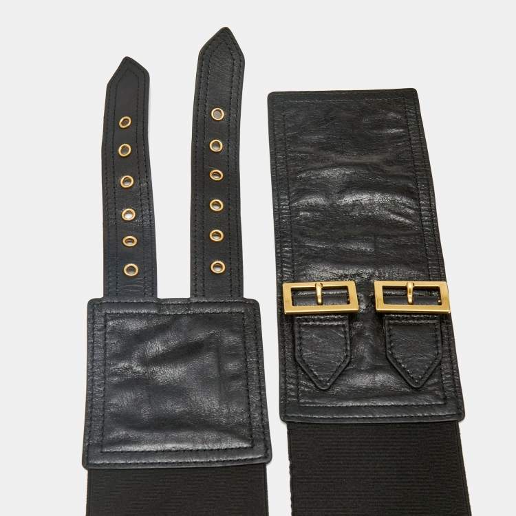 Pre Owned Dior Black Glossy Leather and Stretch Band Saddle Belt S/M