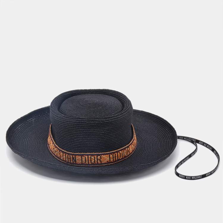 Pre Owned Christian Dior Black Beaded Detail Straw Hat 