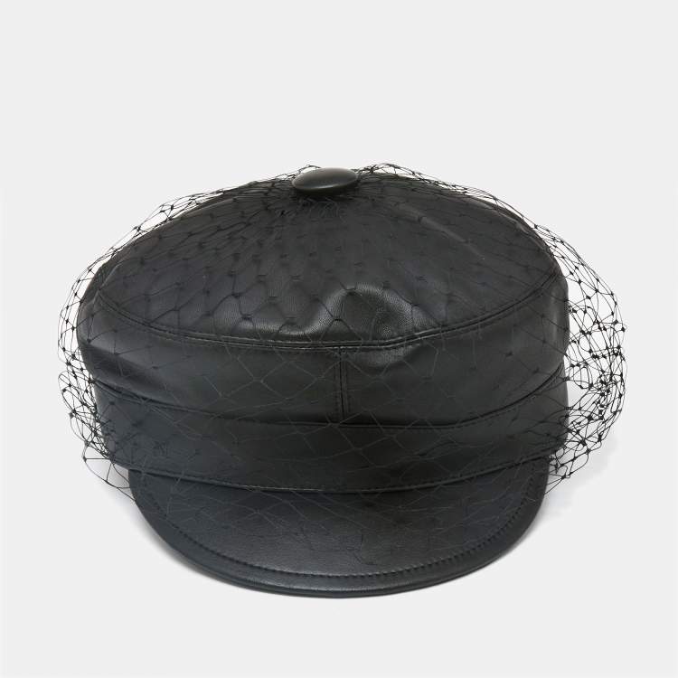 Pre Owned Christian Dior Black Leather Arty Beret Cap With Veil 
