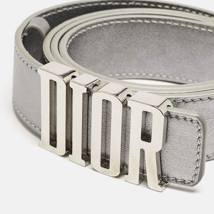 Pre Owned Dior Silver Leather D-Fence Buckle Belt 80 CM