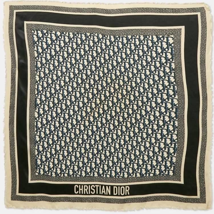 Pre Owned Christian Dior Navy Blue Oblique Silk Diortwin Square Scarf