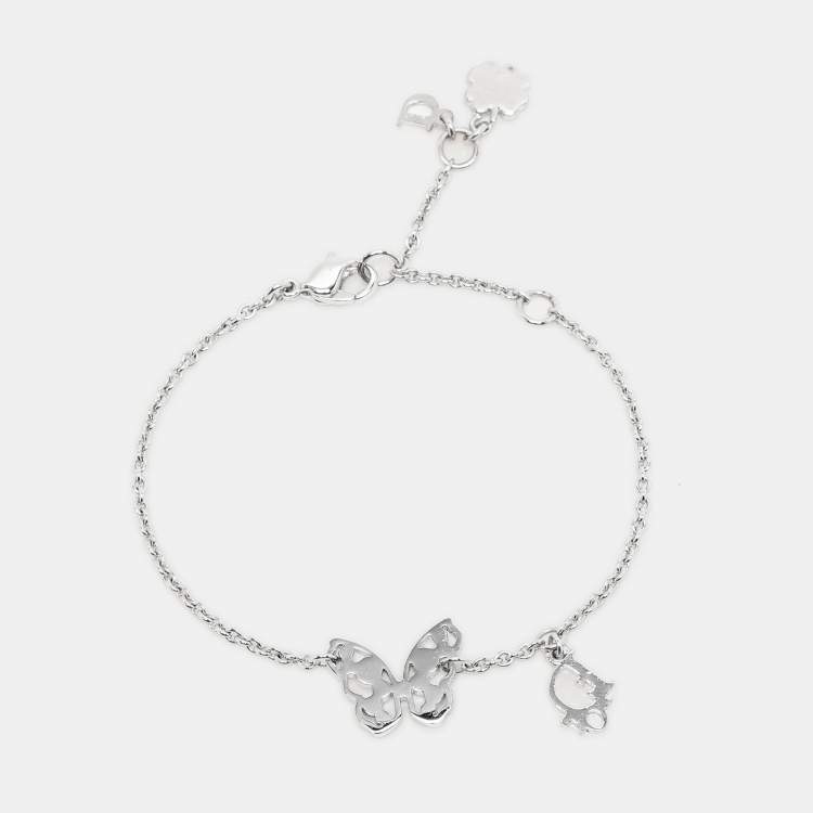 Pre Owned Dior Butterfly Crystals Silver Tone Metal Bracelet
