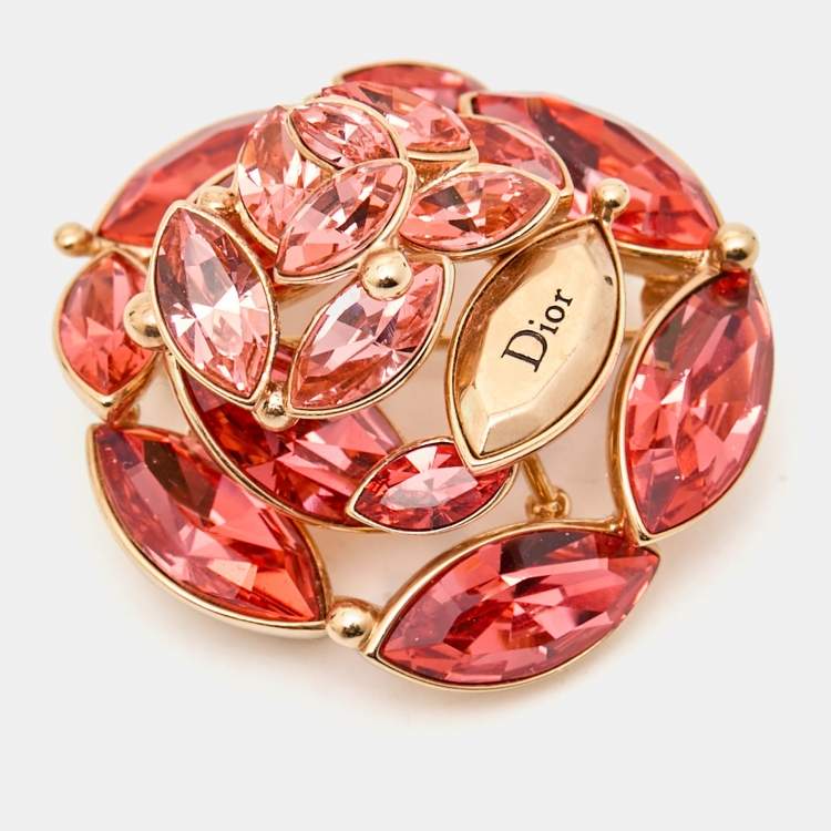 Pre Owned Dior Flower Crystals Gold Tone Brooch