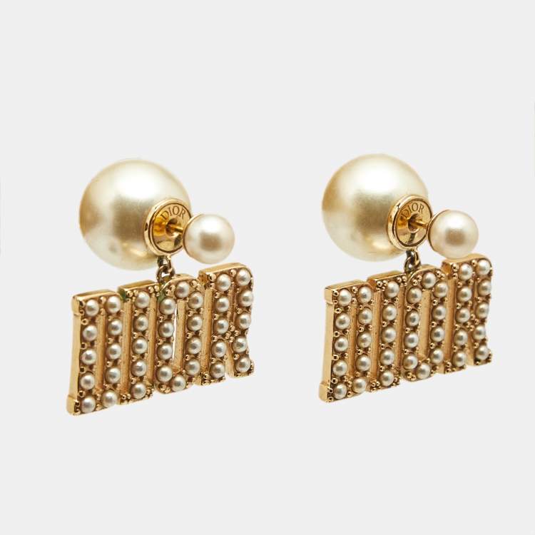 Pre Owned Dior Tribales Faux Pearl Gold Tone Earrings