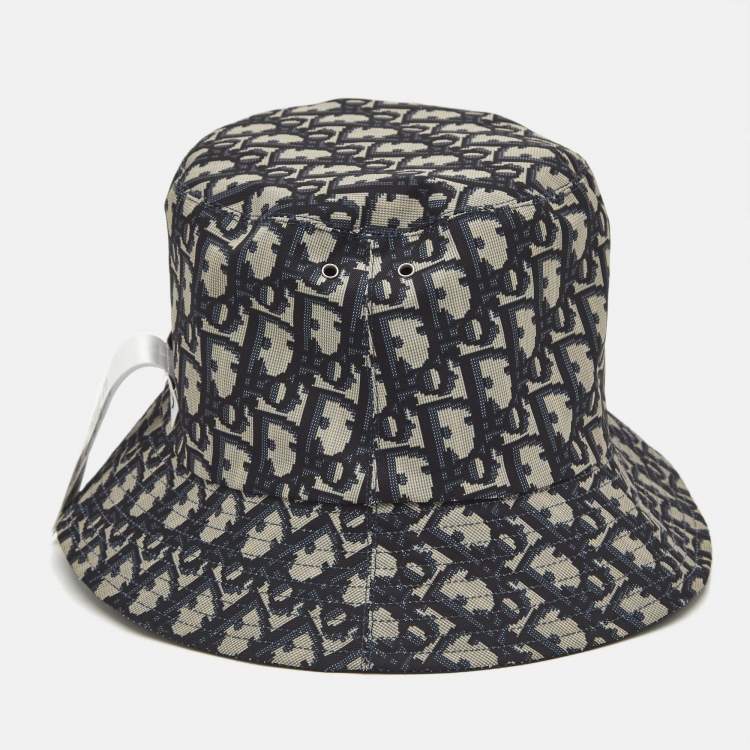 Pre Owned Christian Dior Navy Blue Synthetic Reversible Teddy-D Oblique Bucket Hat Size 57