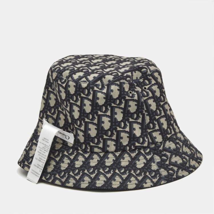 Pre Owned Christian Dior Navy Blue Synthetic Reversible Teddy-D Oblique Bucket Hat Size 57