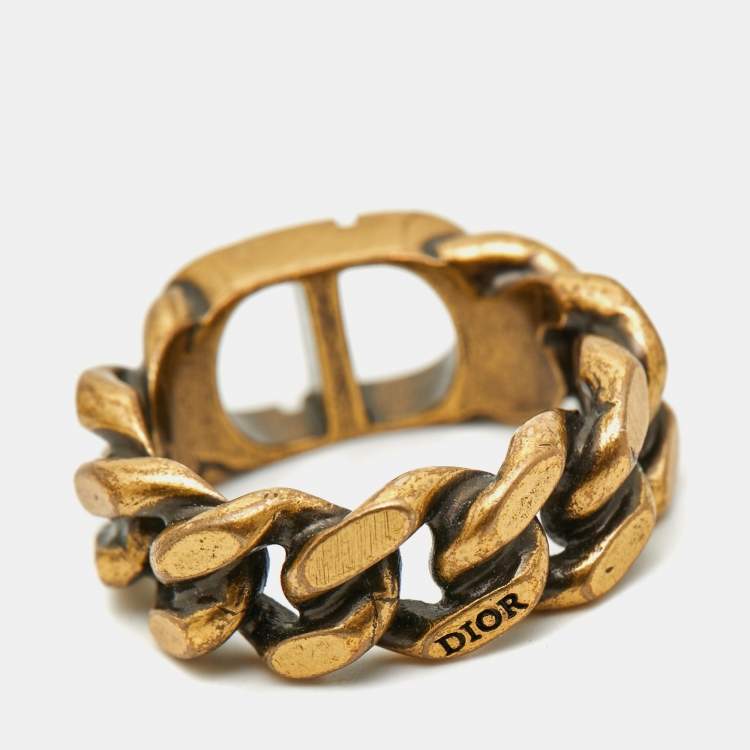 Pre Owned Christian Dior CD Logo Gold Tone Metal Chain Link Ring  Size 53