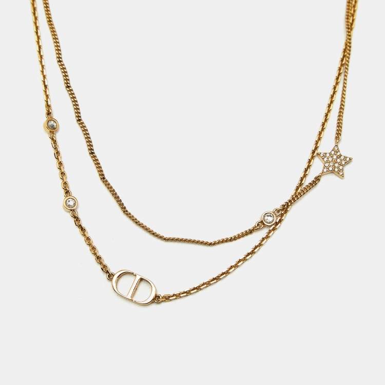 Pre Owned Dior Petit CD Crystals Gold Tone Double Strand Necklace