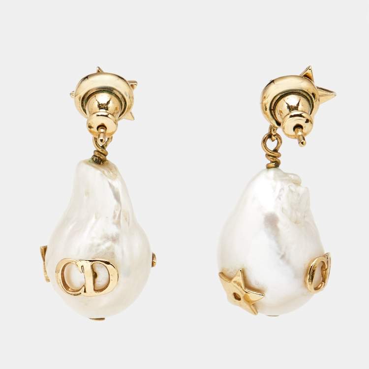 Pre Owned Dior CD Bee Faux Pearl Gold Tone Earrings
