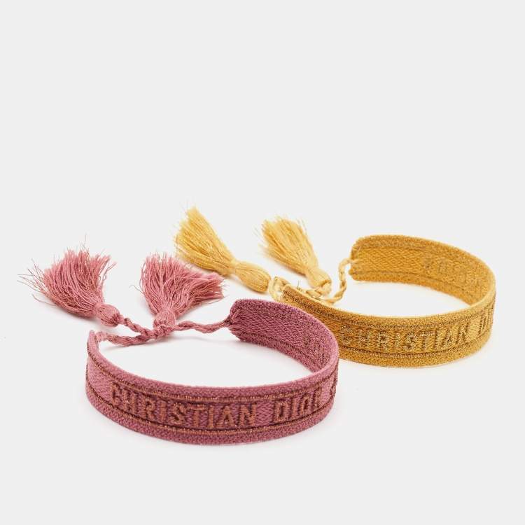 Pre Owned Dior Pink/Yellow J'adior Cotton Embroidered Bracelet Set of 2