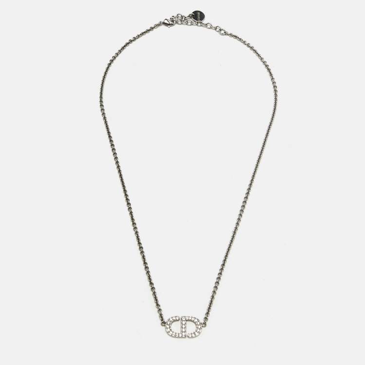 Pre Owned Dior CD Logo Crystal Silver Tone Necklace