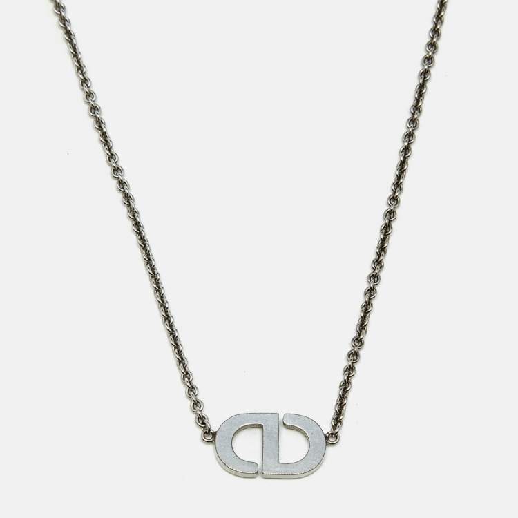 Pre Owned Dior CD Logo Crystal Silver Tone Necklace