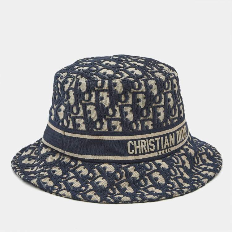 Pre Owned Christian Dior Blue Oblique Jacquard Bucket Hat
