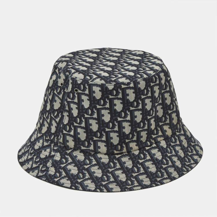 Pre Owned Christian Dior Blue Oblique Synthetic Bucket Hat Size 58