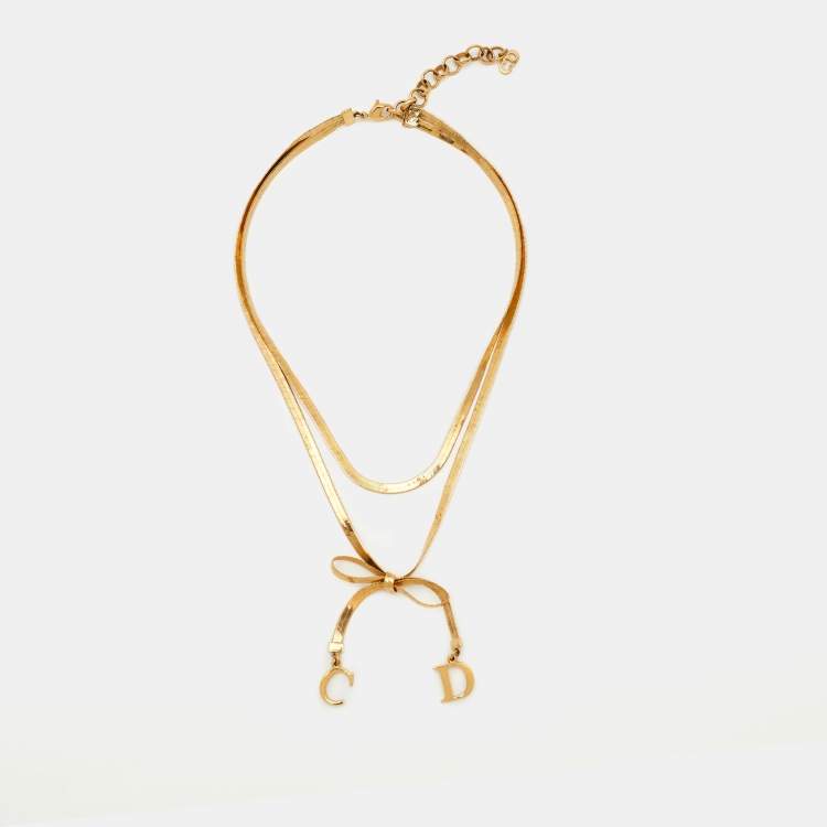 Pre Owned Dior Vintage CD Bow Gold Plated Double Chain Necklace