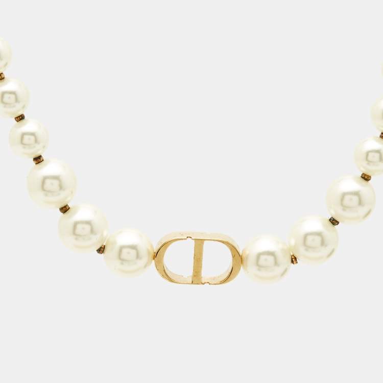 Pre Owned Dior 30 Montaigne CD Faux Pearl Gold Tone Necklace