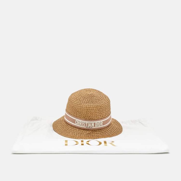 Pre Owned Christian Dior Beige Logo Straw Bucket Hat Size 57