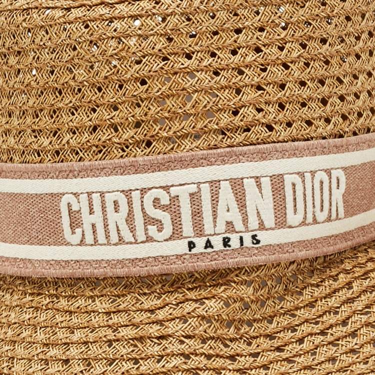 Pre Owned Christian Dior Beige Logo Straw Bucket Hat Size 57