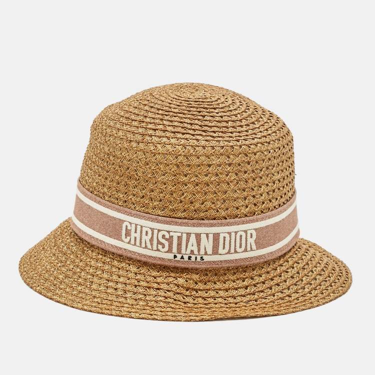 Pre Owned Christian Dior Beige Logo Straw Bucket Hat Size 57