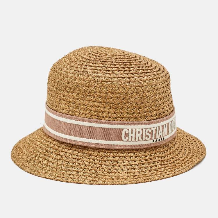 Pre Owned Christian Dior Beige Logo Straw Bucket Hat Size 57
