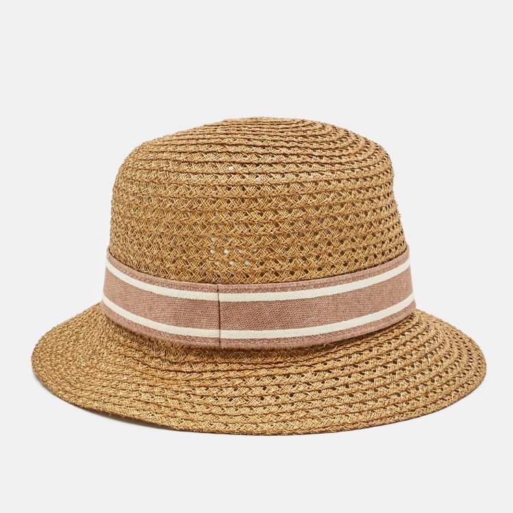 Pre Owned Christian Dior Beige Logo Straw Bucket Hat Size 57