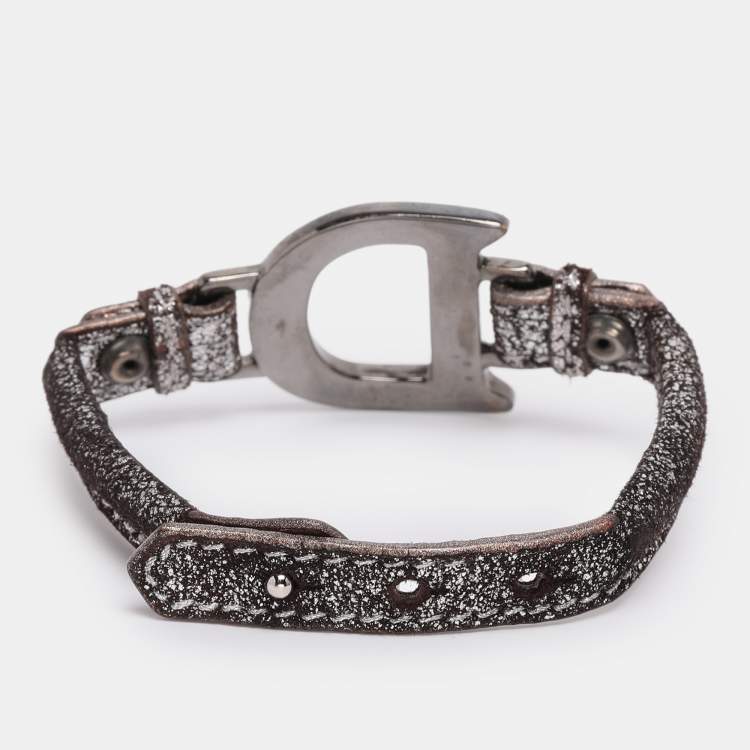 Pre Owned Dior Metallic Brown Leather D Charm Bracelet 