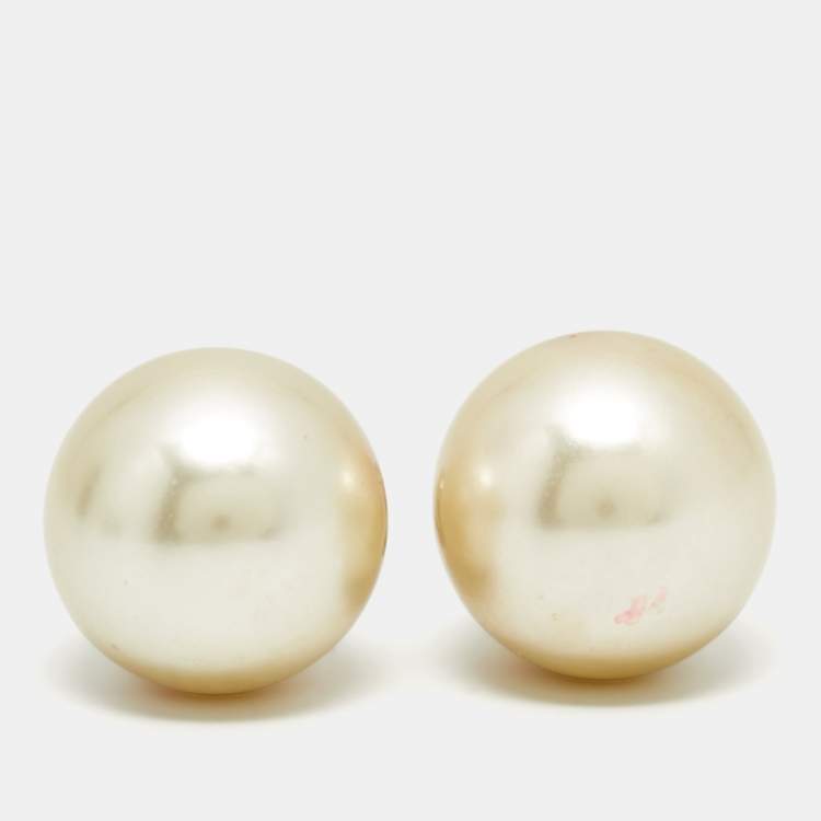 Pre Owned Dior Tribales Faux Pearl Gold Tone Earrings