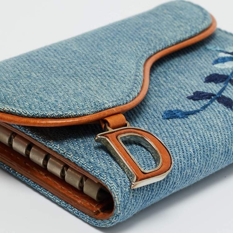Pre Owned Dior Blue Embroidered Denim Saddle Key Pouch