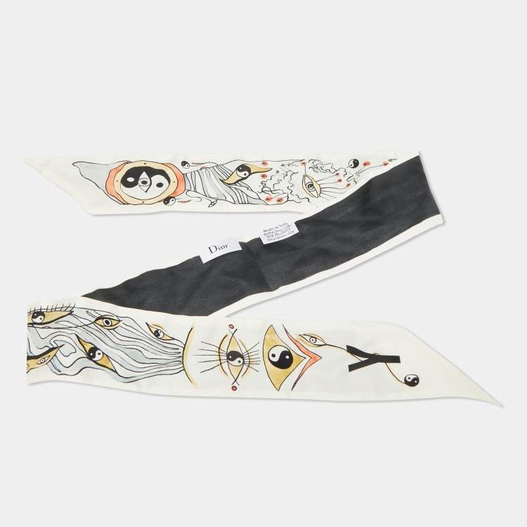 Pre Owned Christian Dior White Printed Silk Yin-Yang Mitzah 