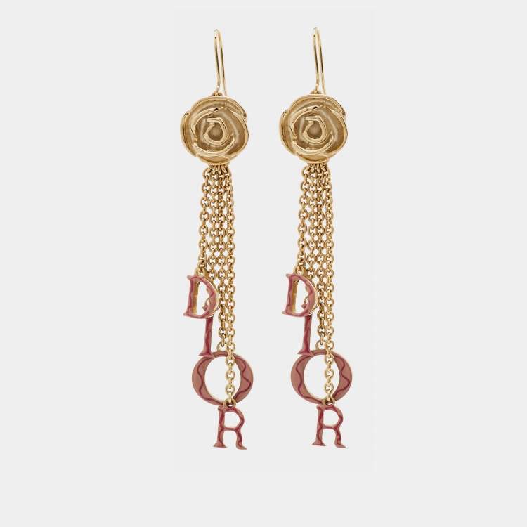 Pre Owned Dior Rose Enamel Gold Tone Drop Earrings