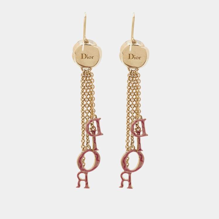 Pre Owned Dior Rose Enamel Gold Tone Drop Earrings