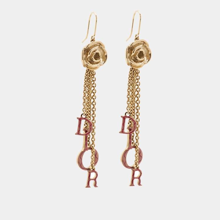 Pre Owned Dior Rose Enamel Gold Tone Drop Earrings