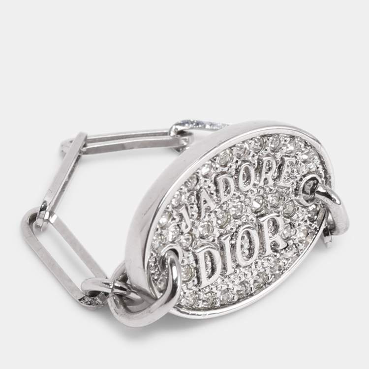 Pre Owned Dior Silver Tone Metal Crystal J'adore Dior Chain Link Ring