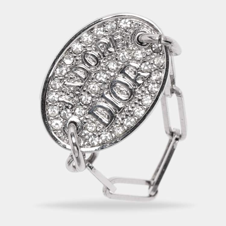 Pre Owned Dior Silver Tone Metal Crystal J'adore Dior Chain Link Ring