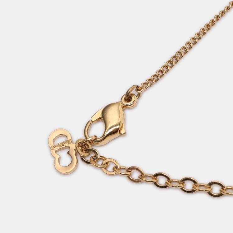 Pre Owned Dior Gold Tone Rhinestone Logo Pendant Necklace 