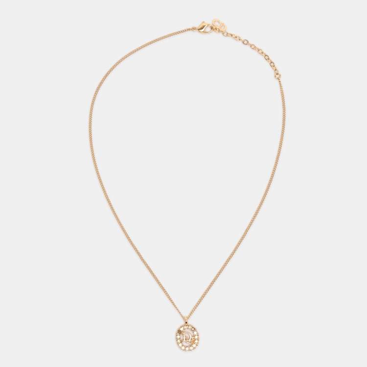Pre Owned Dior Gold Tone Rhinestone Logo Pendant Necklace 