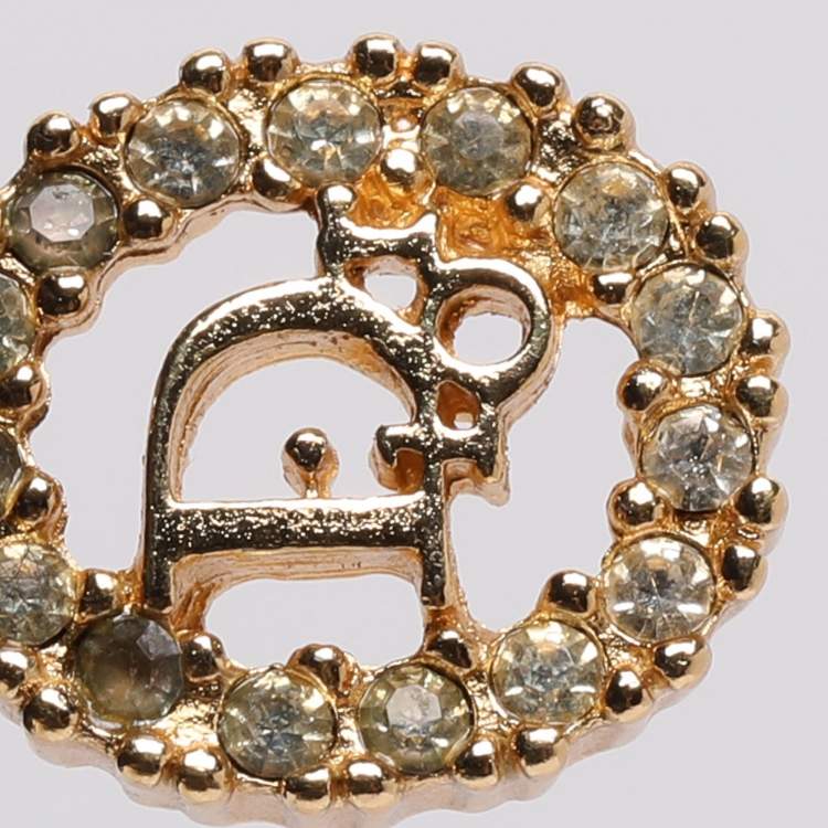 Pre Owned Dior Gold Tone Rhinestone Logo Pendant Necklace 