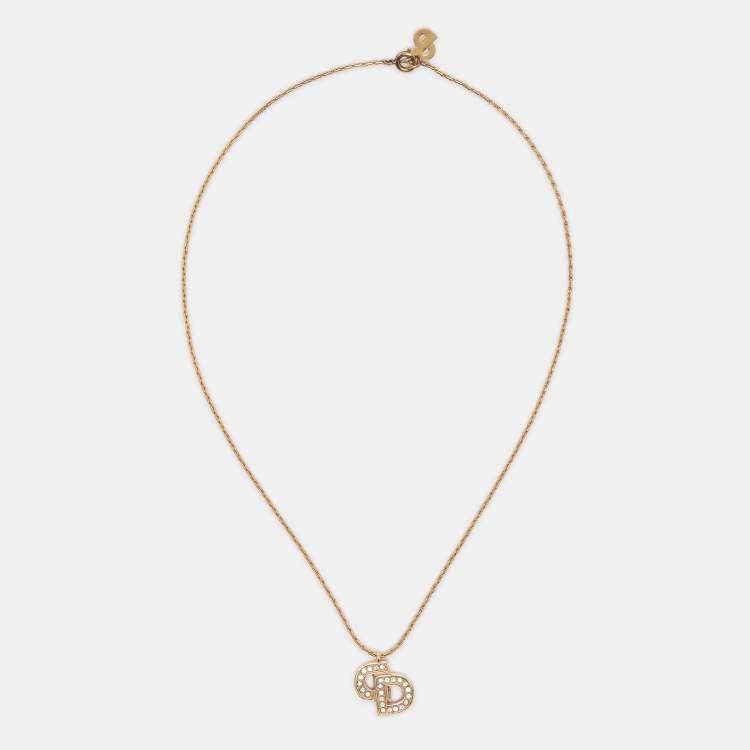Pre Owned Dior Gold Tone Rhinestone CD Pendant Necklace 