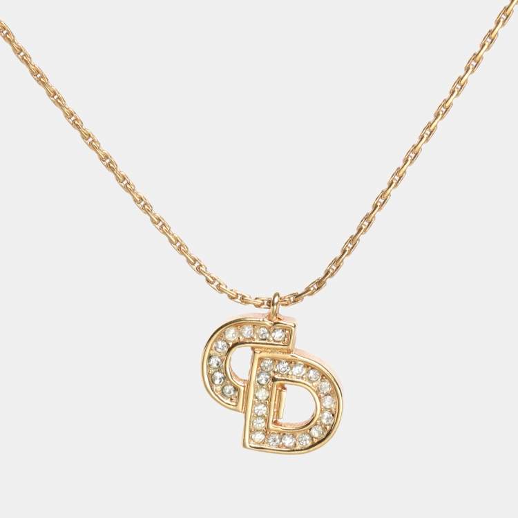 Pre Owned Dior Gold Tone Rhinestone CD Pendant Necklace 