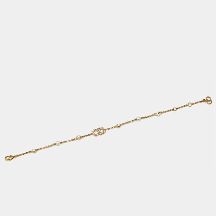 Pre Owned Dior Clair D Lunes Crystals Faux Pearls Gold Tone Bracelet