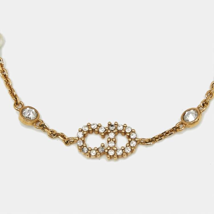 Pre Owned Dior Clair D Lunes Crystals Faux Pearls Gold Tone Bracelet
