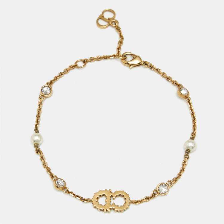 Pre Owned Dior Clair D Lunes Crystals Faux Pearls Gold Tone Bracelet