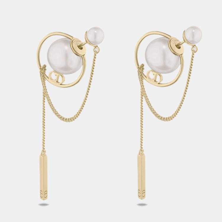 Pre Owned Dior CD Faux Pearl Gold Tone Earrings