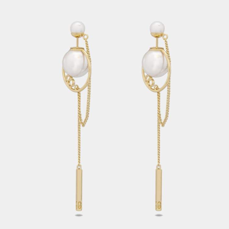 Pre Owned Dior CD Faux Pearl Gold Tone Earrings