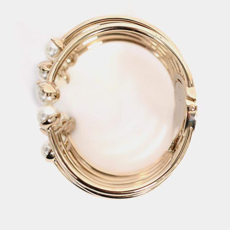 Pre Owned Christian Dior Faux Pearl Logo Cuff Bracelet