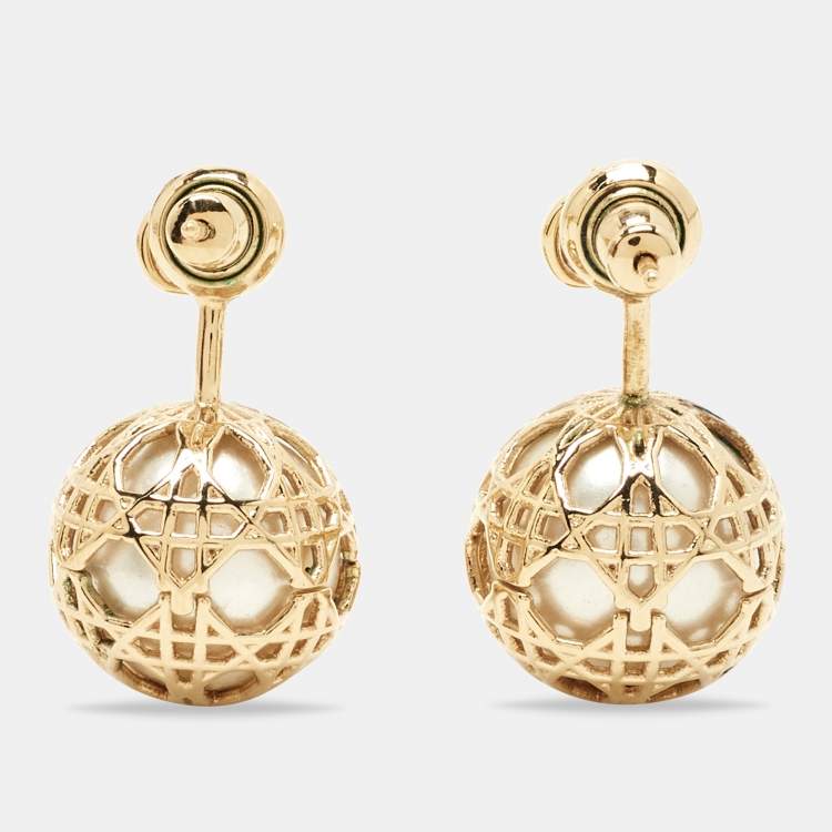 Pre Owned Dior Secret Cannage Faux Pearl Gold Tone Drop Earrings