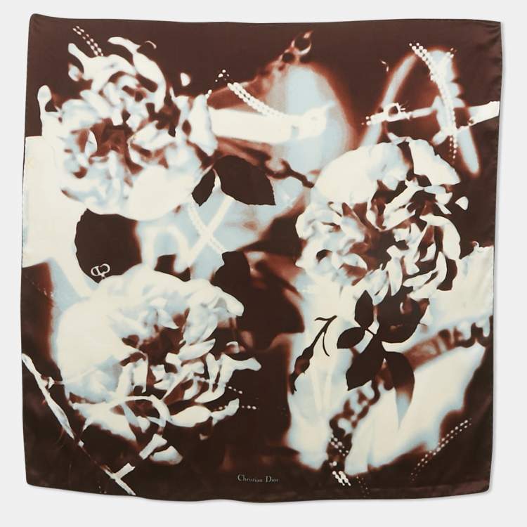 Pre Owned Dior Brown/Blue Printed Satin Square Scarf 